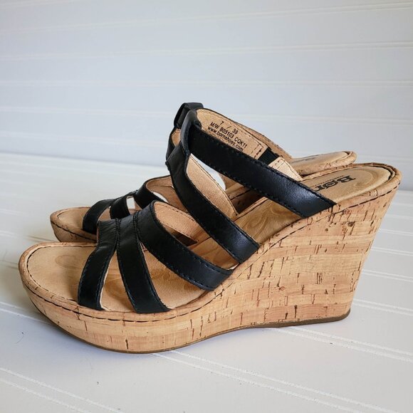 Born Lisi Sandals Womens 7 / 38 Black Leather Strappy Cork Wedge Heels Slides - Picture 2 of 12